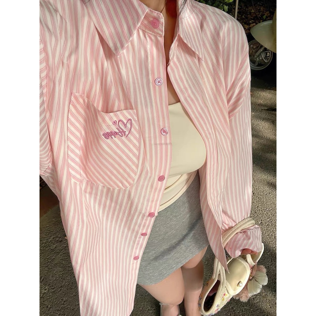 เสื้อเชิ้ตผู้หญิงเกาหลี เสื้อเชิ้ตลายทางสีชมพู แขนยาว สไตล์ลำลอง