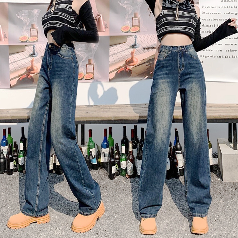 Plus size blue straight jeans Summer versatile retro wide-leg jeans High waist loose drape trousers