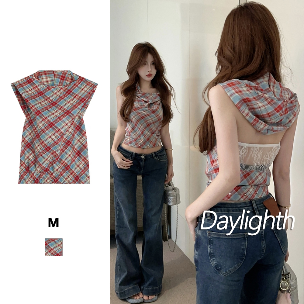 เสื้อแขนกุดมีฮูด โชว์หลัง ลายตาราง เอวจั๊ม เท่แซ่บผสมกัน เริ่ดๆพส DL