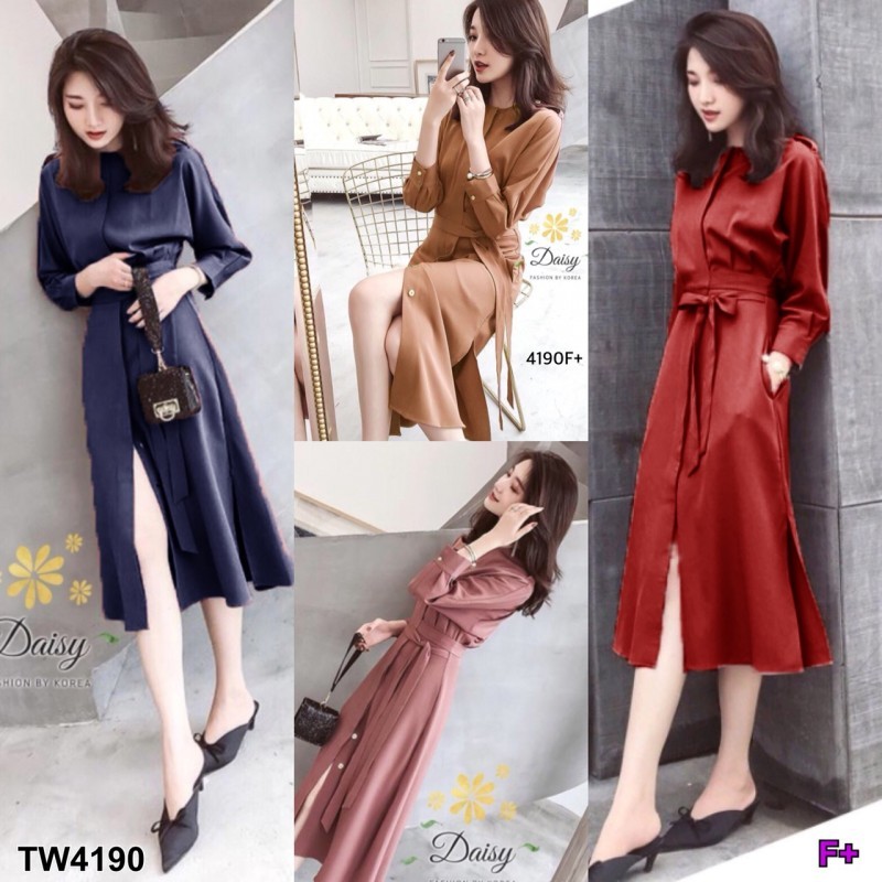 TT4190 ชุดเดรสเชิตผ้าโฟร์เวย์ กระดุมยาวผูกโบว์