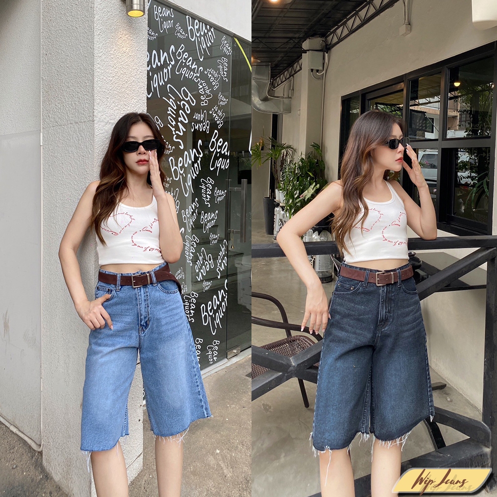 กางเกงยีนส์ผู้หญิง5ส่วนผ้าไม่ยืดปลายขาปล่อยขาดแนววินเทจเรียบๆมีbigsize