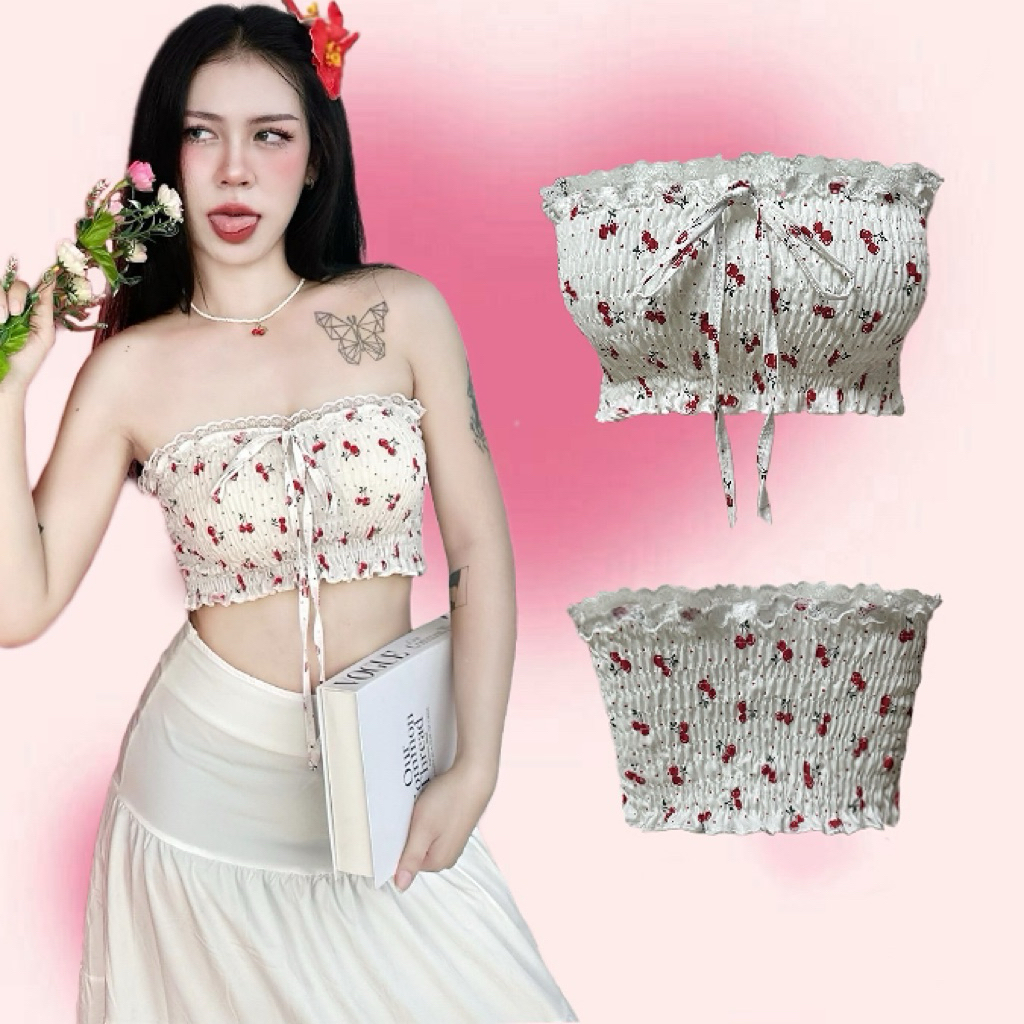 🌈🌹เสื้อเกาะอกสม็อคเชอร์รี่ ขอบระบายลูกไม้🍒🍃