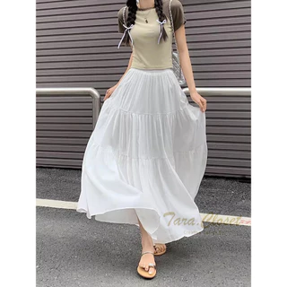 IT104 TARA SKIRT กระโปรงยาว เอวสูง ทรงบอลลูน แต่งระบาย 3 ชั้น สม็อครอบเอว ผ้าไหมอิตาลี ผ้าดี ใส่สบาย ความยาวเต็ม ไม่เต่อ