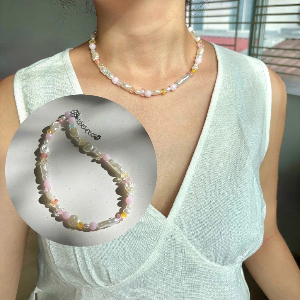 Piing me Necklace | สร้อยคอลูกปัดไข่มุกทรงหลากหลายผสมลูกปัดหินเทียม🧤🌧️🧽