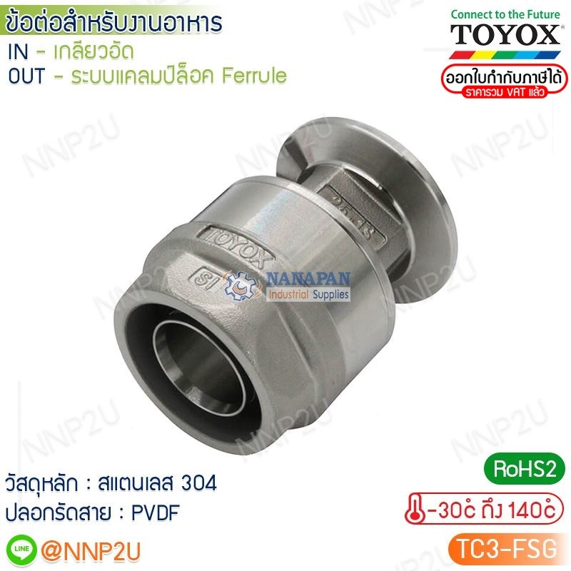 TOYOX ข้อต่อสําเร็จรูปสําหรับงานอาหาร TC3-FSG เฟอร์รูล ข้อต่อสแตนเลส TOYOXCONNECTOR