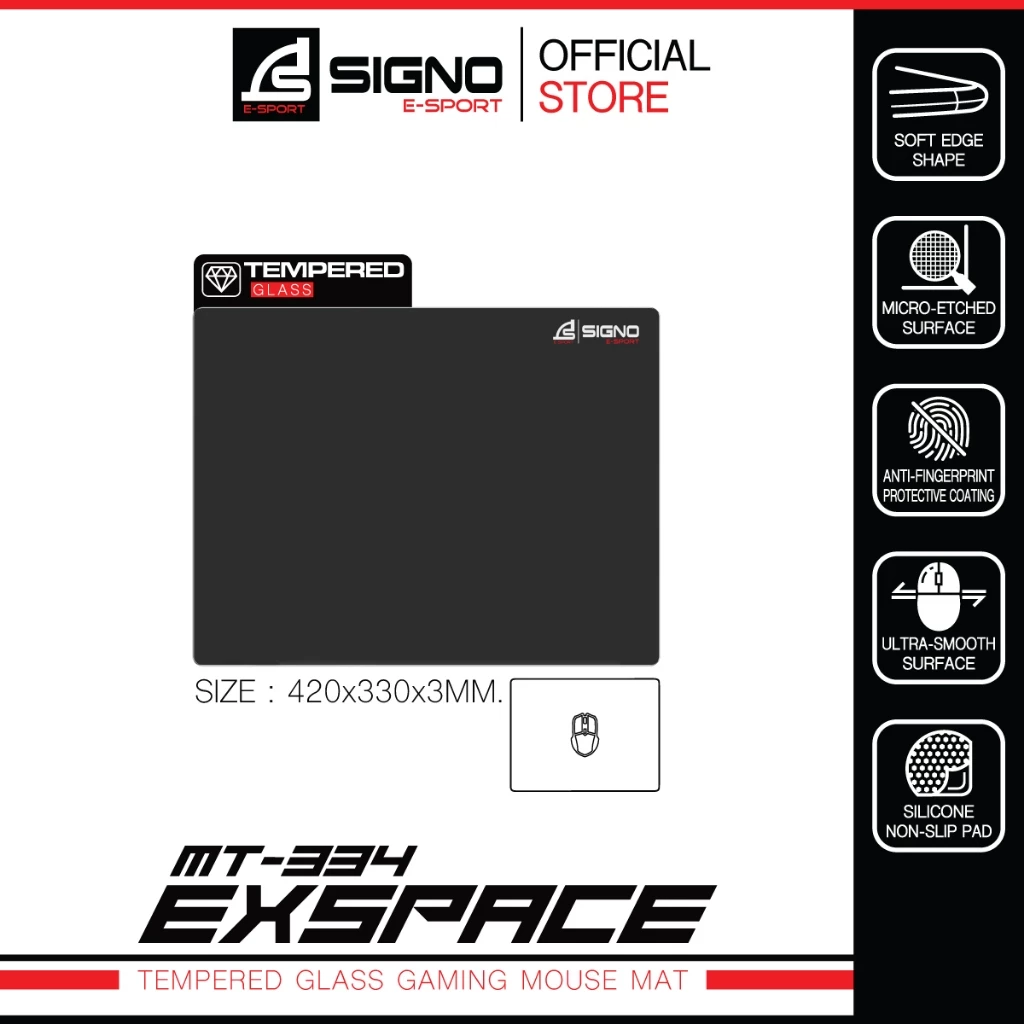 SIGNO MT-334 แผ่นรองเมาส์เกมมิ่งกระจก Tempered Glass Gaming Mousepad กระจกนิรภัย ขนาด 420x330x3mm