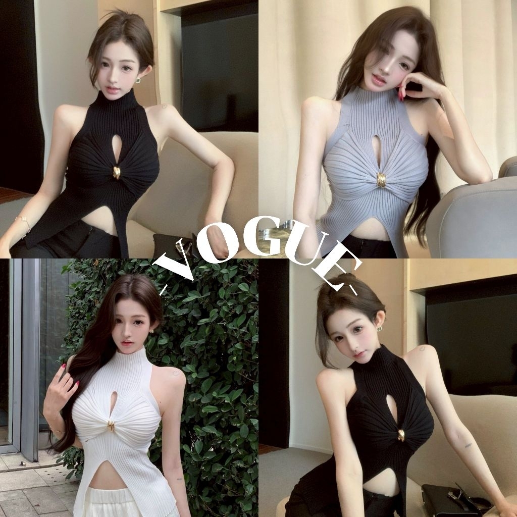 Vogue🌟พร้อมส่ง🌟 เสื้อกล้าม คอเต่า ดีเทลเว้าหน้าอก ผ้าไหมพรมผ้าร่อง (31103)