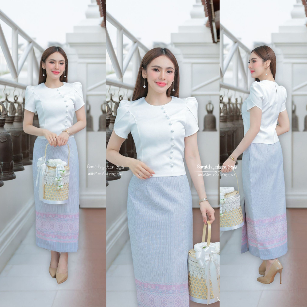 ชุดเซ็ทผ้าไทย ใส่ไปวัดทำบุญ set เสื้อไหมญี่ปุ่น แขนกลีบบัว ผ้าถุงผ้าฝ้ายทอลาย ซิปซ่อนหลัง