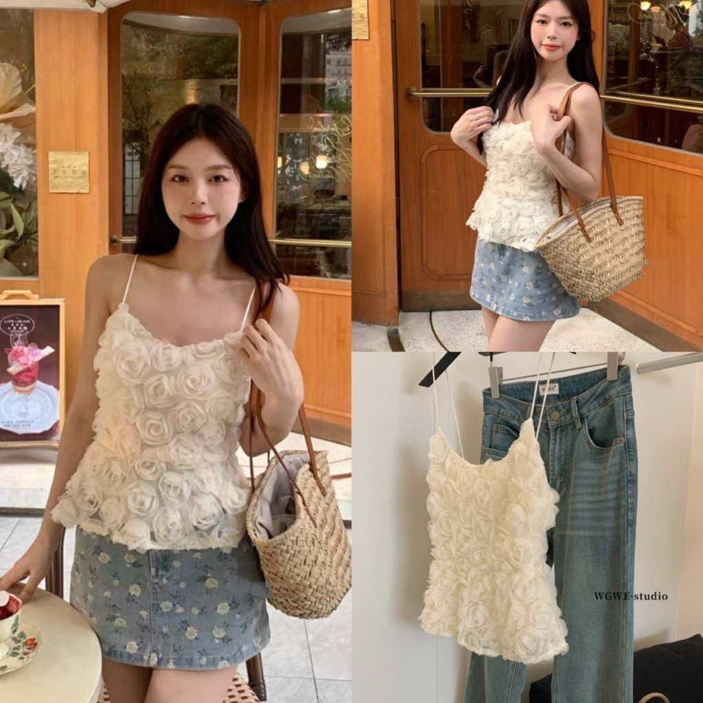 6334# เสื้อสายเดี่ยวแต่งดอกนูน งานซิปหลัง เนื้อผ้าดี งานสวย TAG:WG.WE 🇰🇷