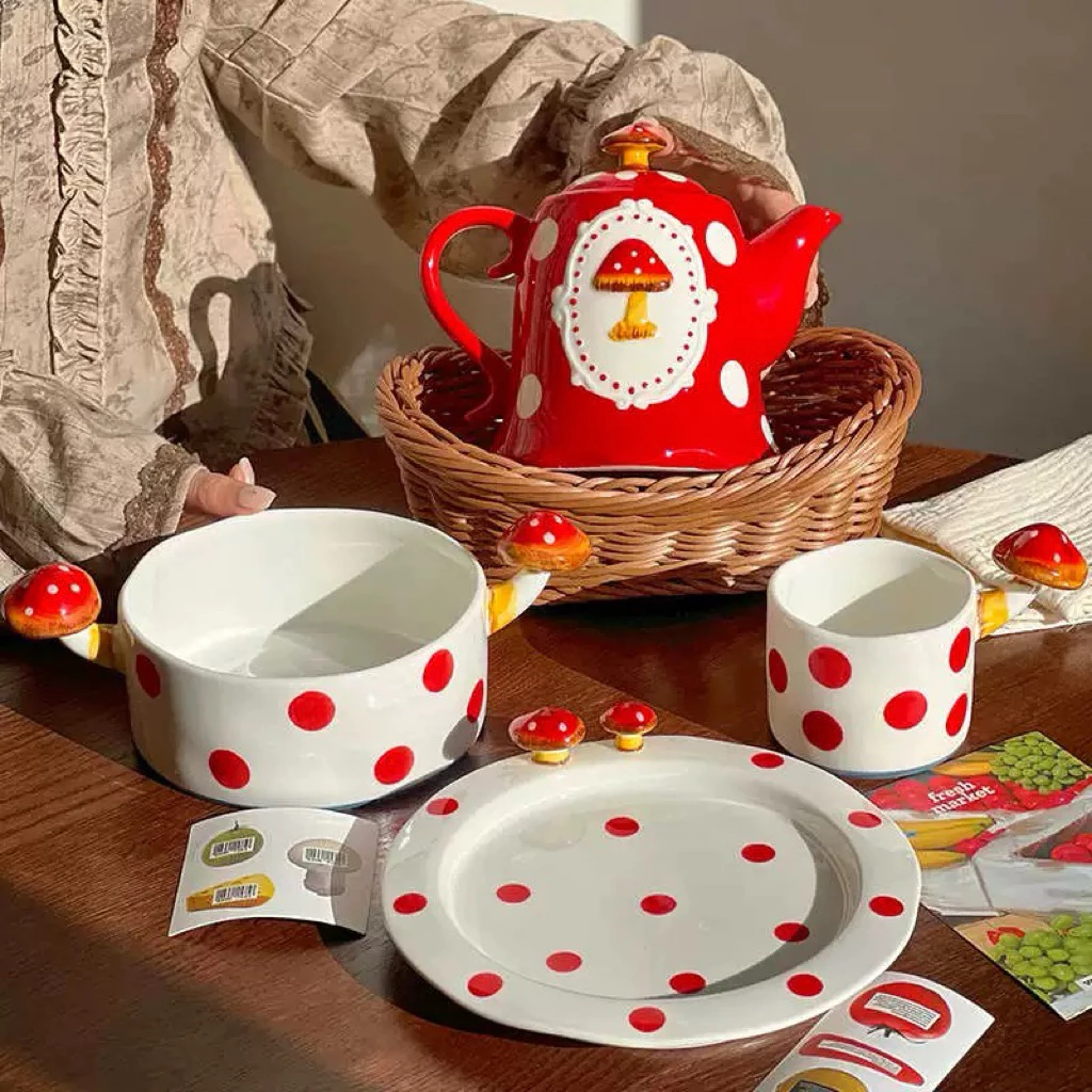 พร้อมส่งจากไทย💖Mushroom Tea Set เซ็ตกาน้ำชา แก้วน้ำ จานชามลายจุด รูปเห็ด เซ็ตชงชา ชงมัทฉะน่ารักๆ เซรามิก thumbnail 9