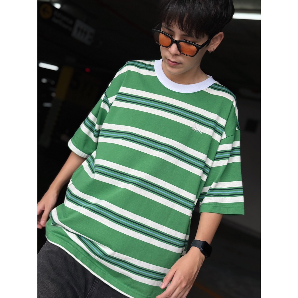 เสื้อยืด Oversize Ah.huh ผ้าลายทาง งานปัก ใส่สบายไม่ร้อน