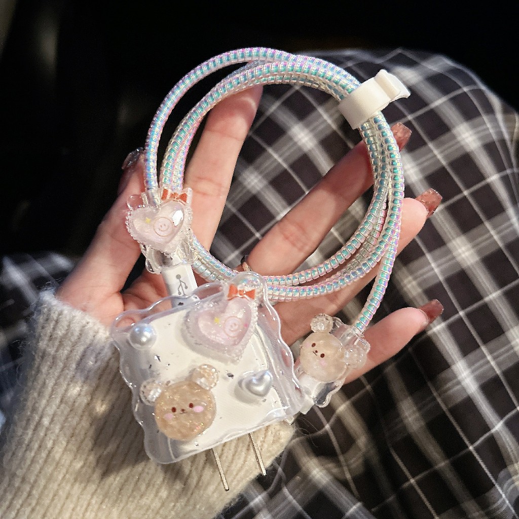 ชุดตกเเต่งสายชาร์จ หมีหัวใจ สำหรับ ไอโฟน 20W 35W ชุดถนอมสาย ชุดถนอม 5ชิ้น เคส สำหรับ ไอโฟน Apple Ada