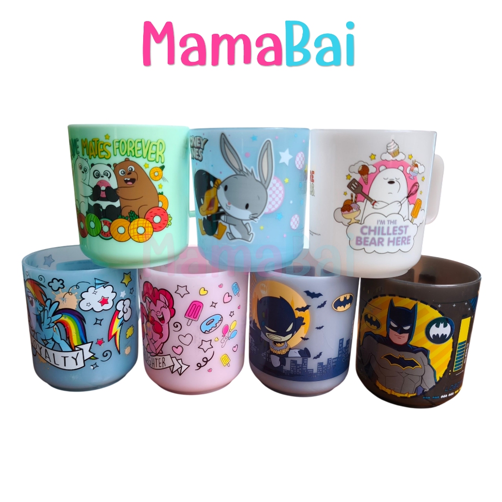 (MMB) แก้วน้ำพลาสติก Food Grade มีหู ลายการ์ตูนลิขสิทธ์แท้ @MamaBaiShop
