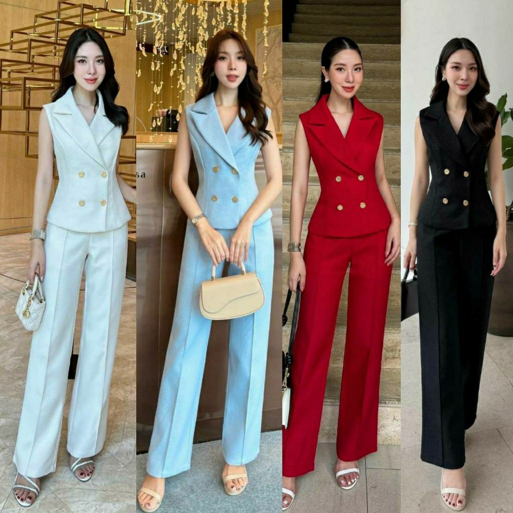 (S-XL) CHARISSA พร้อมส่งเซ็ทเสื้อแขนกุดกระดุมทอง+กางเกงขายาวทรงสวยเข้ารูปเนื้อผ้าเกรดพรีเมี่ยมอย่างดี