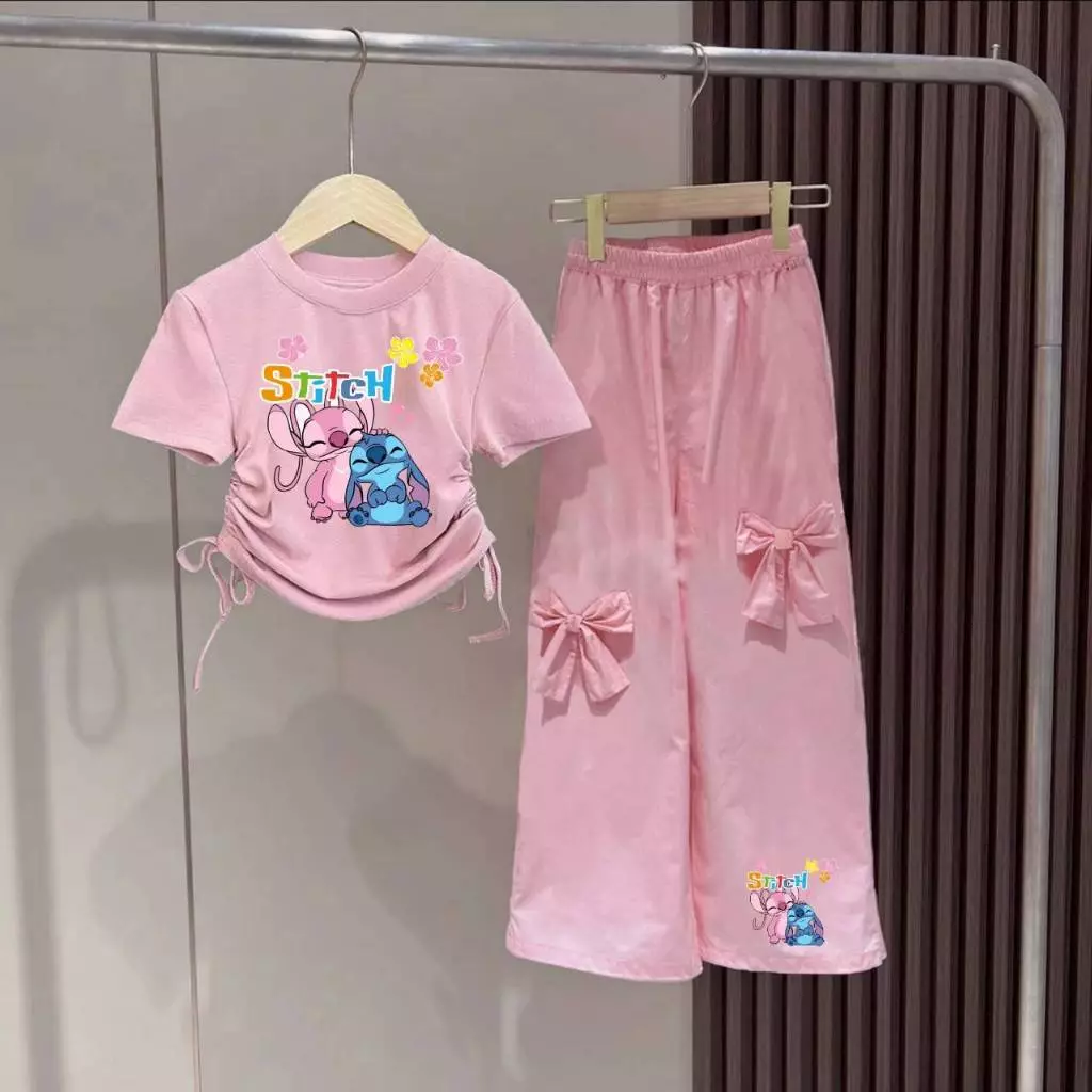Pinkชุดเซ็เด็กผู้หญิงน่ารัก เสื้อเชือกผูกโบว์ข้าง+กางเกงขายาวแต่งโบว์ 3163