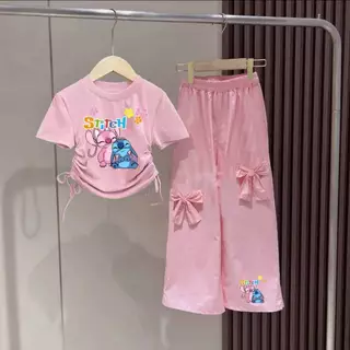 Pinkชุดเซ็เด็กผู้หญิงน่ารัก เสื้อเชือกผูกโบว์ข้าง+กางเกงขายาวแต่งโบว์ 3163