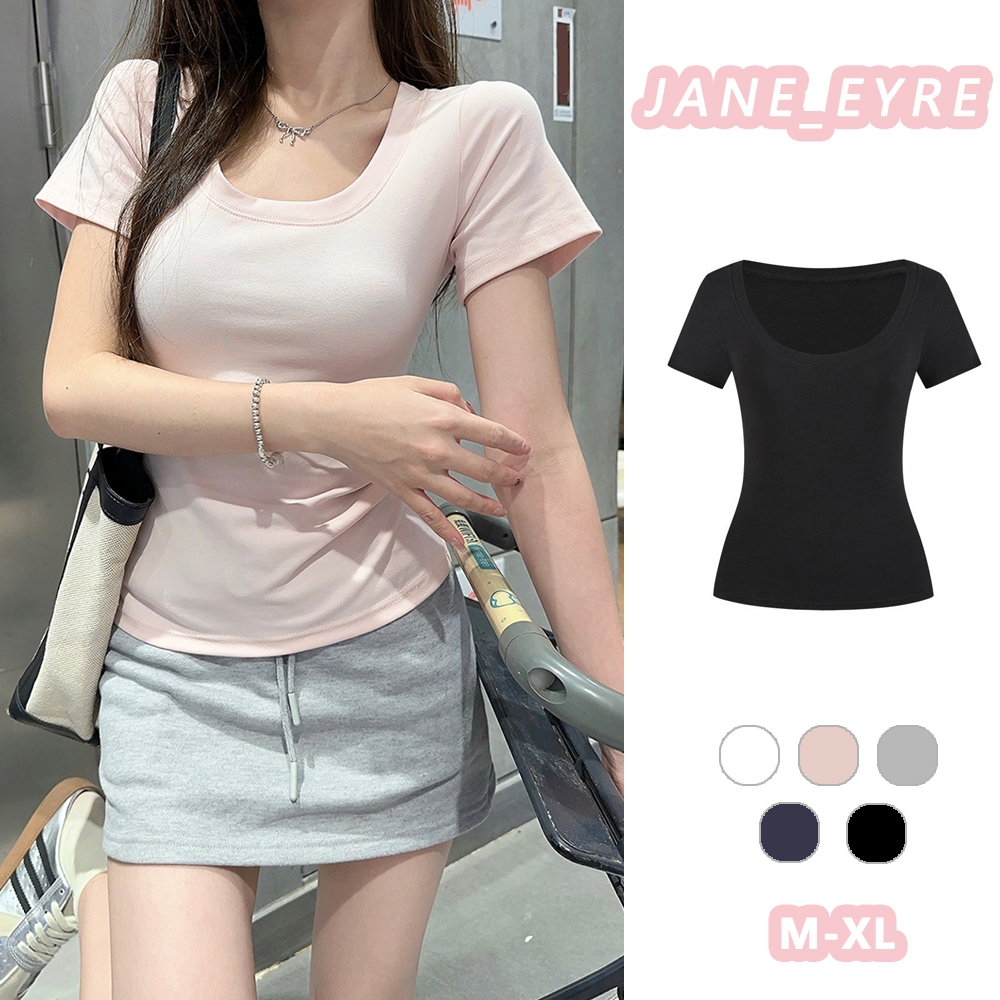 เสื้อยืดคอกลมแขนสั้นผู้หญิงเข้ารูปสีพื้นเรียบง่าย JN
