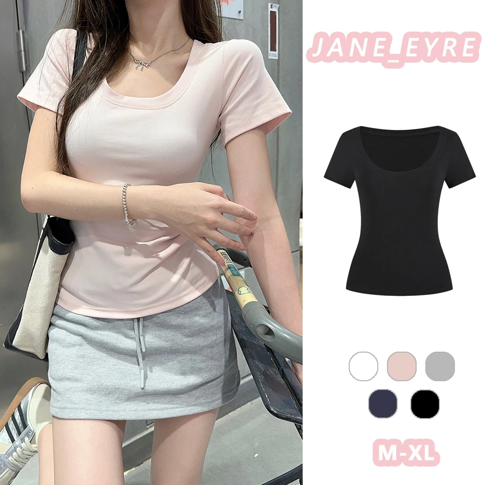 เสื้อยืดคอกลมแขนสั้นผู้หญิงเข้ารูปสีพื้นเรียบง่าย JN