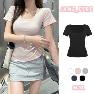 เสื้อยืดคอกลมแขนสั้นผู้หญิงเข้ารูปสีพื้นเรียบง่าย JN