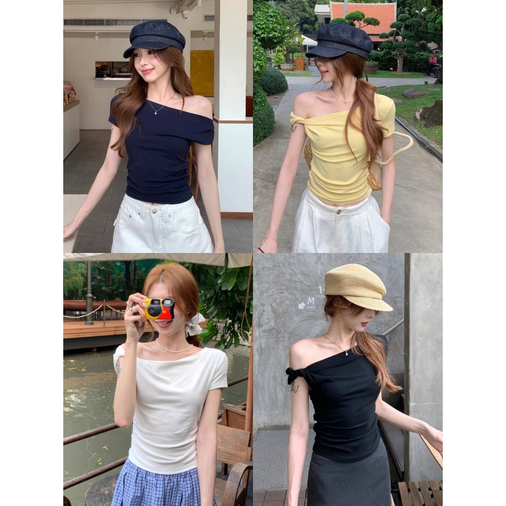 เสื้อยืด เสื้อยืดผู้หญิง สีพื้น รัดรูป หวานน่ารัก#2352