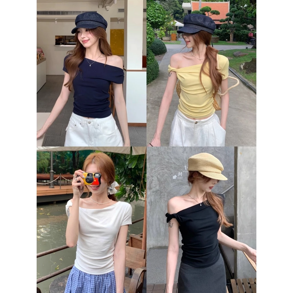 เสื้อยืด เสื้อยืดผู้หญิง สีพื้น รัดรูป หวานน่ารัก#2352