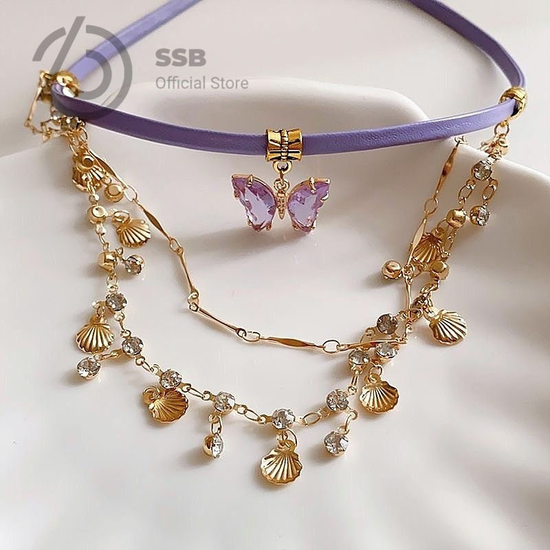 SSB สร้อยคอผีเสื้อเปลือกหอย สีม่วงพาสเทล โซ่ปรับระดับหลายชั้น สดใสทันสมัย ทุกวันของขวัญ S256