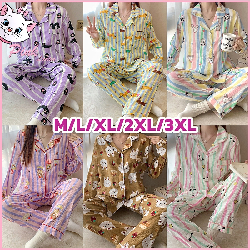 ผ้าไหมญี่ปุ่น ชุดนอน ลายการ์ตูน ผ้าฝ้ายลายเมฆ แขนยาว+กางเกงขายาว บิ๊กไซส์ L-4XL | ส่งไวจากไทย