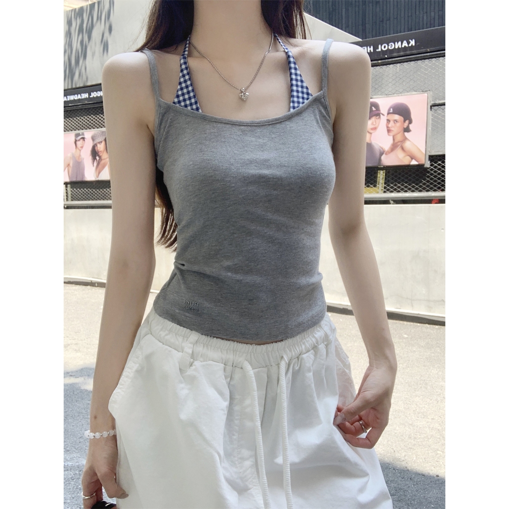 เสื้อสายเดี่ยว เเบบ2ชิ้นติดกัน เบาบางสบาย ลายสก๊อต สไตล์ออลแมทช์#2353