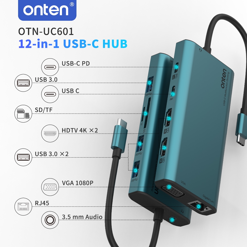 Onten OTN-UC601 12in1 Hub HDMI Type C USB3.0 SD/TF VGA RG45 3.5 Audio