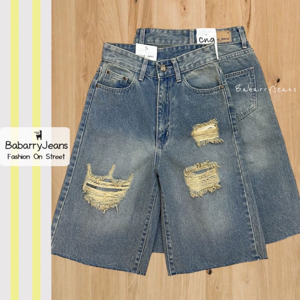 BabarryStyle [S-6XL] - กางเกงขาสั้น ยีนส์ขาด 5ส่วน สีฟอกเซ่อร์ ยาว 23 นิ้ว