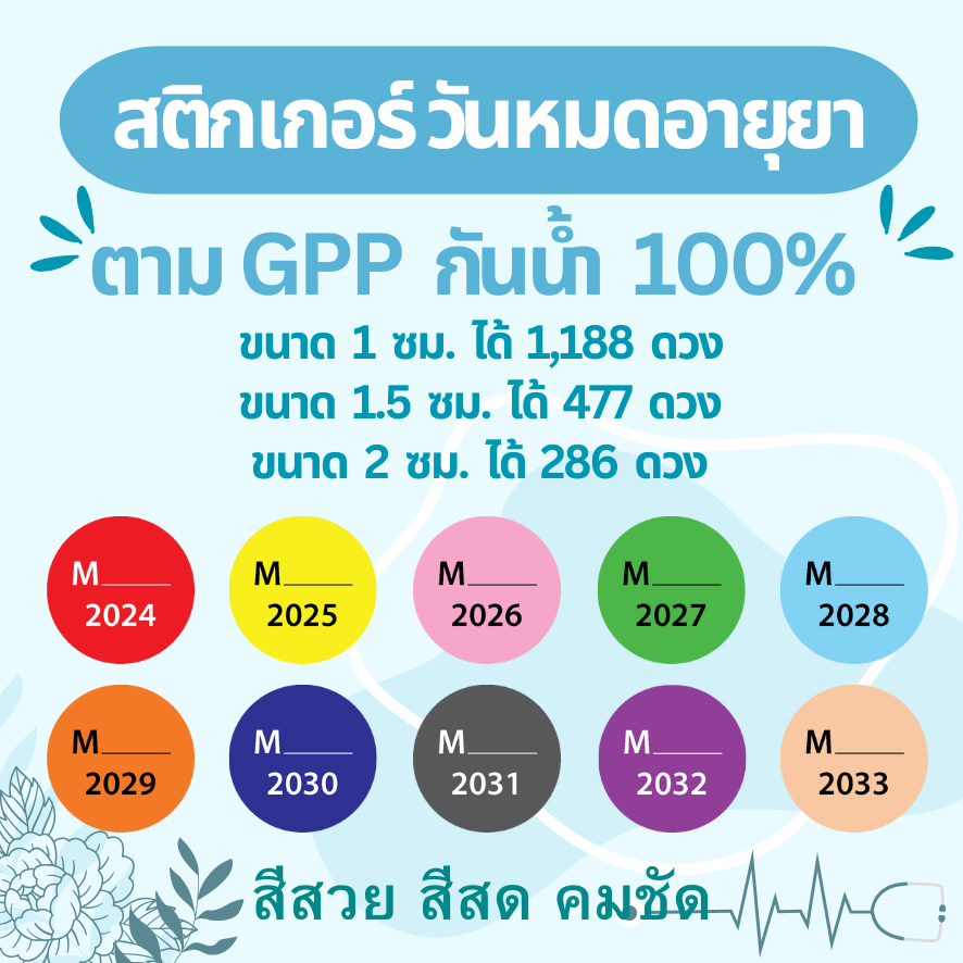 🔥สติกเกอร์กันน้ำ 100%💦 ชุด สติกเกอร์สี วันหมดอายุ ปีหมดอายุ ร้านยา GPP ขนาด 1x1 ซม ได้ 1188 ดวง