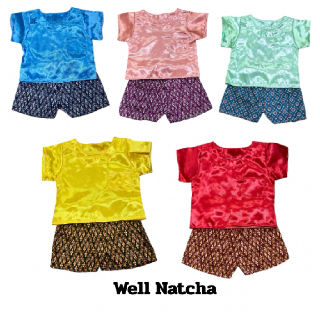 ชุดไทยเด็กเล็ก ชุดผ้าแพรแขนสั้นพร้อมกางเกงลายไทย