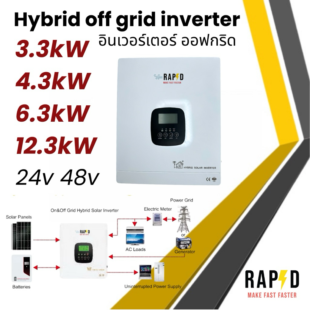 อินเวอร์เตอร์ ไฮบริด ออฟกริด Hybrid inverter off grid 3.3kw 4.3kw 6.3kw 12.3kw 24v 48V Inverter RAPD