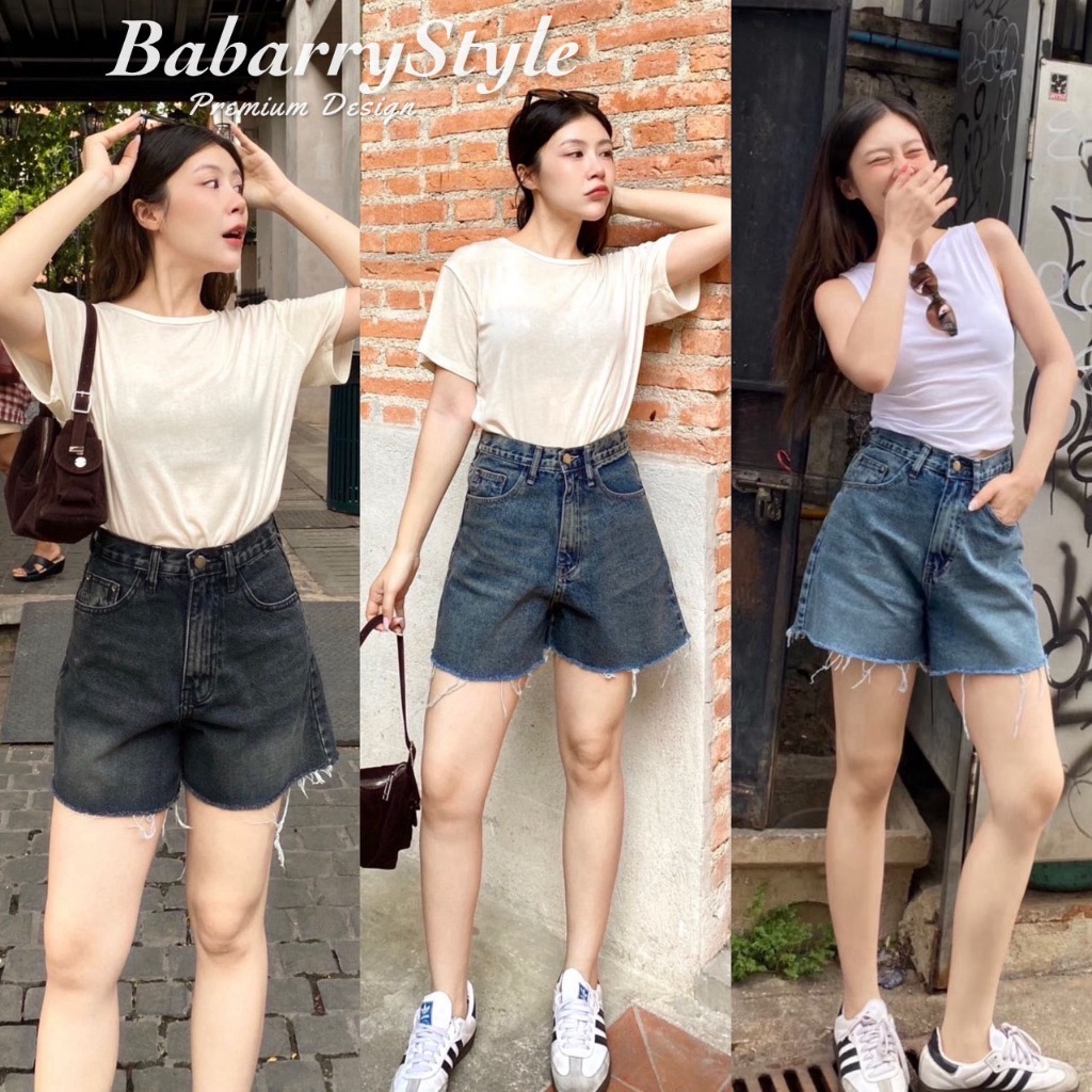Babarry On Street (S-5XL) กางเกงขาสั้น ยีนส์เรียบ ปลายรุ่ย ผ้าไม่ยืด ยาว 15 นิ้ว