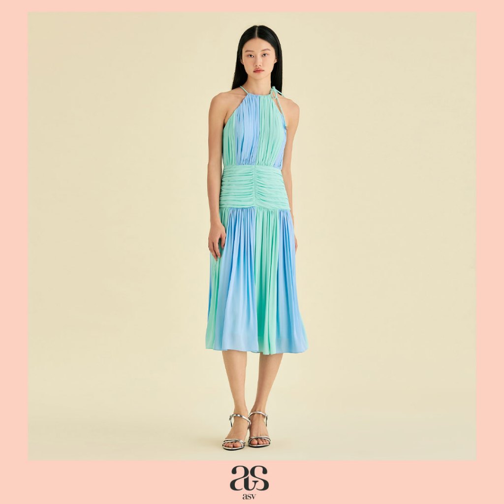 [asv ss25] Janet Halterneck Dress เดรสผู้หญิง คล้องคอ ผ้าชีฟองตัดต่อสลับสี จับจีบรูดช่วงคอ กระโปรงจั