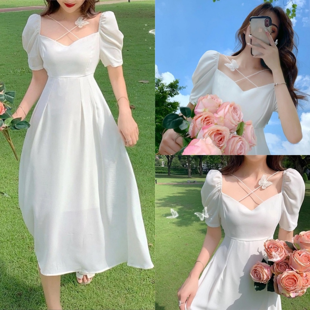 Blossom Closet🦋เดรสสีขาว แต่งผีเสื้อ แขนพอง ยาว ผ้าใส่สบาย