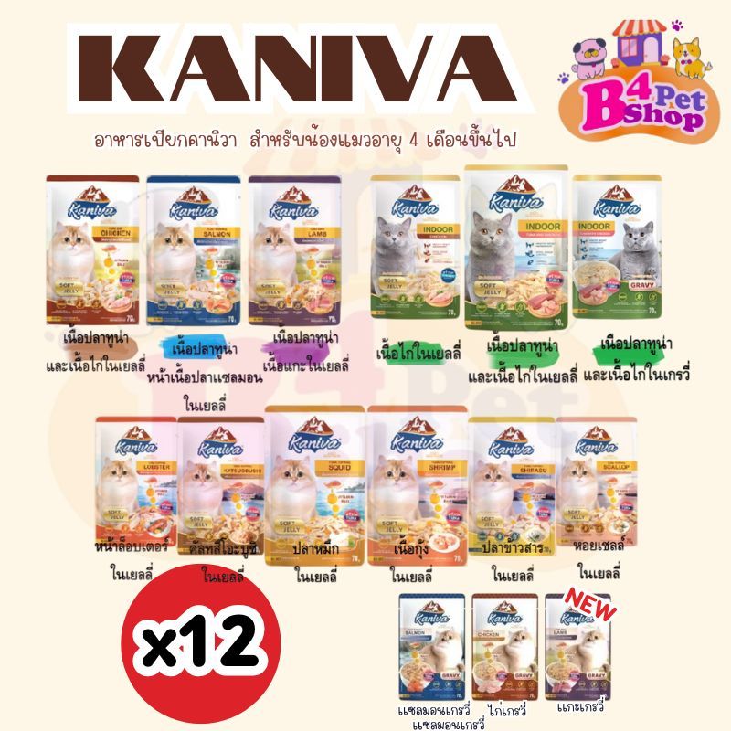 (ยกโหล) Kaniva Pouch อาหารแมวเปียก คานิว่า มี Vitamin Balls ขนาด 70 กรัม จำนวน 12 ซอง