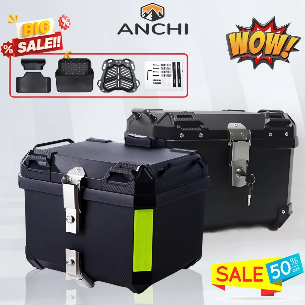 ANCHI กล่องหลังรถมอเตอร์ไซค์ กล่องท้ายมอไซ 45L ABS วัสดุ/วัสดุอะลูมิเนียม  มีแถบสะท้อนแส พร้อมอุปกรณ