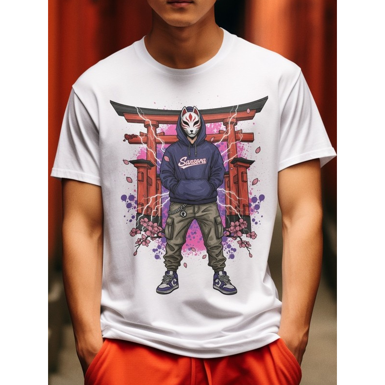 Sansora เสื้อยืดคอกลม ผ้าโพลีเอสเตอร์ ใส่สบาย Kitsune Mask Graffiti Boy