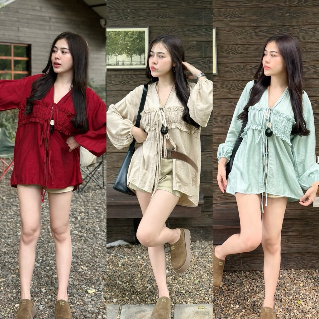 เสื้อแขนยาว ผูกหน้า 🎀 ดีเทลคอวี ตัวยาว (ผ้าสลาฟ) ใส่สบาย ไม่ร้อน!!