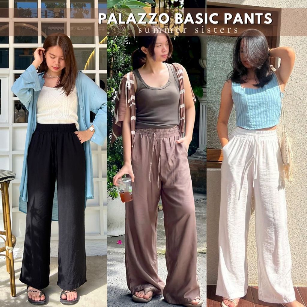 Palazzo basic pants -กางเกงขายาวสีพื้น เอวสูง เป้ายาว เชือกรูดปรับระดับได้จริง มีกระเป๋า2ข้าง