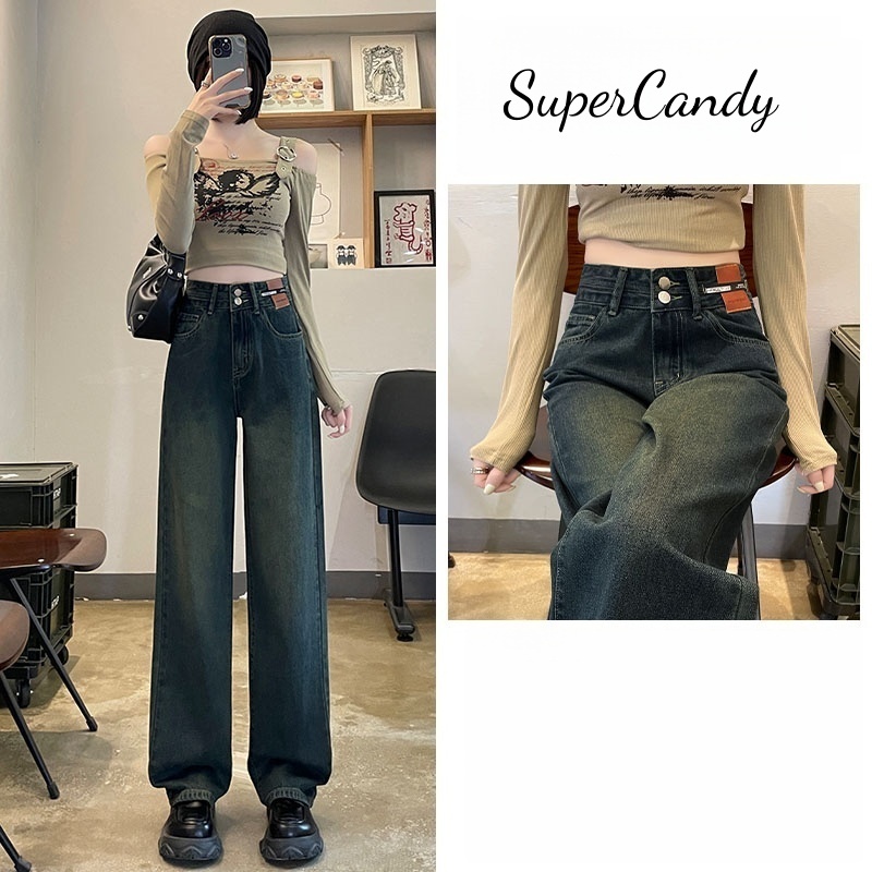 SuperCandy🌷กางเกงยีนส์ผู้หญิงเอวสูงขากว้าง ทรงตรง/ทรงหลวม/ไซส์กระชับ ยาวลากพื้น ใส่แล้วเซ็กซี่ผอมเพรียว ปุ่มคู