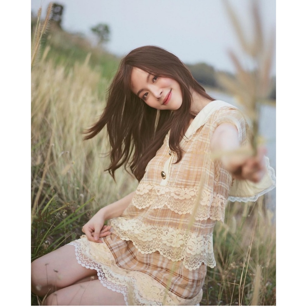 ABIGAIL BRAND ABG238 ชุดเดรสสั้นผ้าตารางโทนพาสเทลน้ำตาล