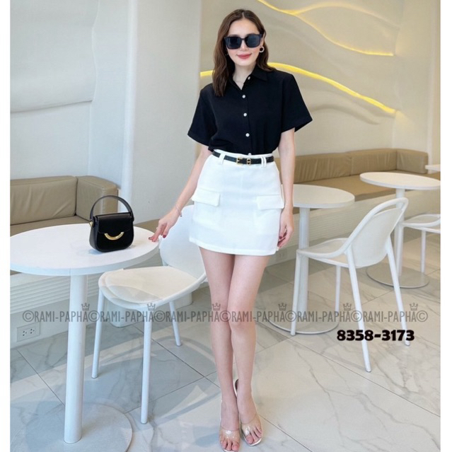 พร้อมส่ง ⚡️RM 8358 เซต3ชิ้น เสื้อสีดำ+กระโปรง+เข็มขัด เรียบหรูสไตล์สาวเวียด