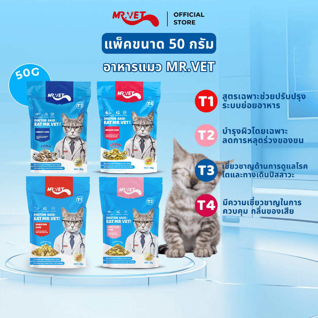 MRVET อาหารเม็ดแมว Holistic แพ็ค 50g. - โปรตีน 30% เหมาะสำหรับแมวทุกช่วงวัย