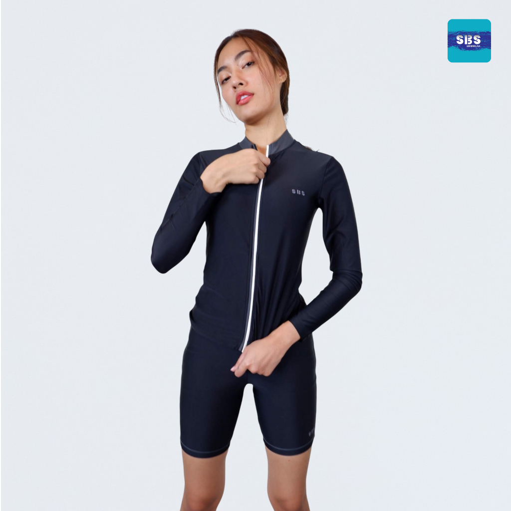 ชุดว่ายน้ำผู้หญิงเสื้อแขนยาวซิปหน้าเต็มตัว +กางเกงขาสั้น ยืดหยุ่นใส่สบาย | SBS SWIMWEAR | S-2503