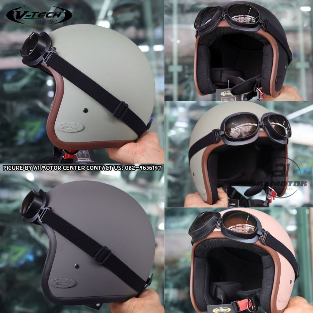 หมวกกันน็อค วินเทจ VTech รุ่น A300 พร้อมแว่นแต่งหมวก แถมฟรีแก๊ปบังแดด  หมวกวินเทจ ทรงคลาสสิค  รอบศรี