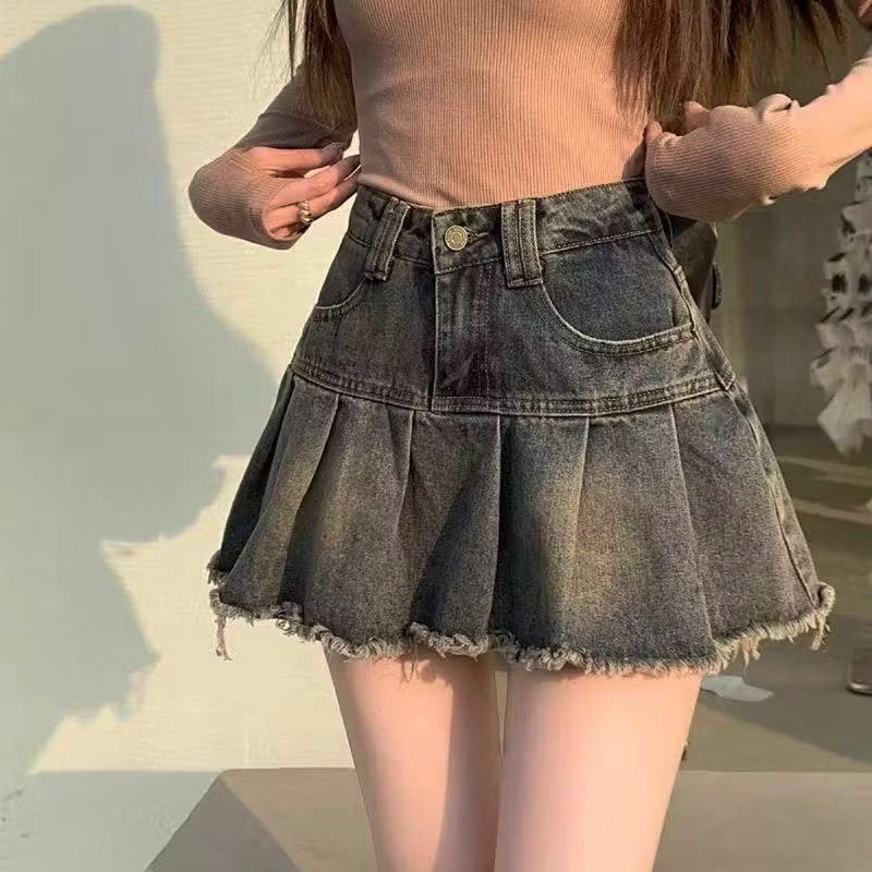 พร้อมส่ง XS-12XL กระโปรงเอวสูงอัดกลีบสีสนิม ผ้านิ่มทรงสวยใส่สบาย มีซับใน
