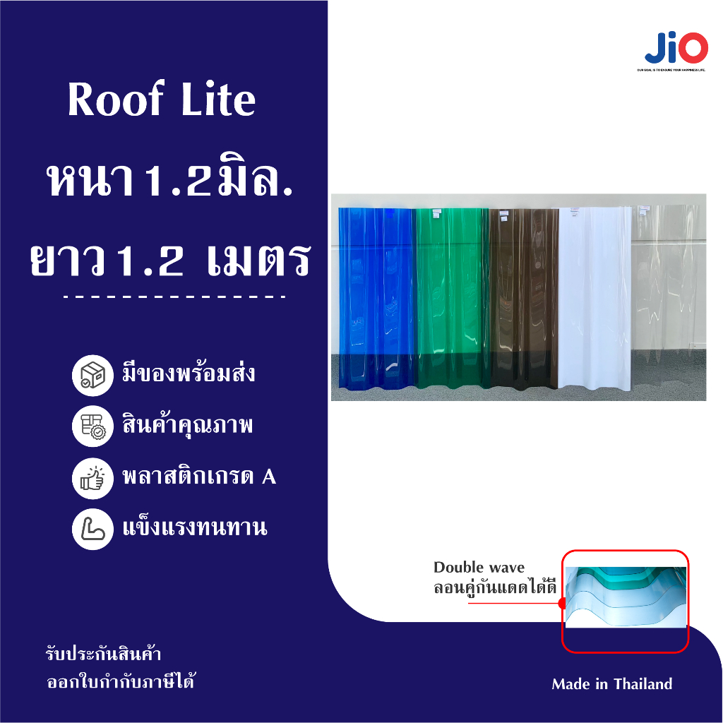 Jio Roof Lite แผ่นใส-กระเบื้องหลังคาโปร่งแสง ลอนคู่ เนื้อโพลีคาร์บอเนต ทนทาน หนา1.2 ขนาดยาว 1.20เมตร