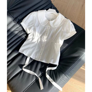 LUNA~สีทึบ ผูกขึ้น แขนสั้น ประกบ เสื้อเชิ้ต เวอร์ชั่นเกาหลี สไตล์ใหม่ สไตล์หวาน